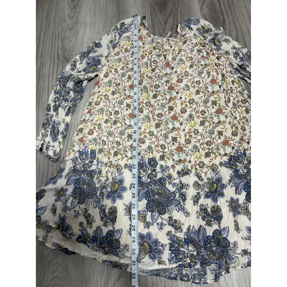 Free People Womens Floral Long Sleeve Boho Mini Dress Rayon M Cream Blue Multi